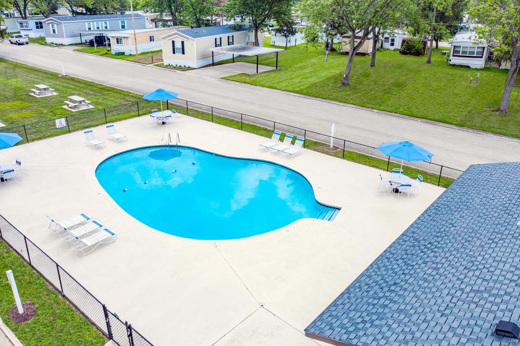 aerial view of the community swimming pool at Bluffton Woods in Bluffton Indiana
