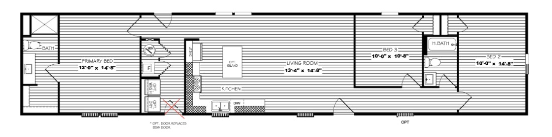 A Bayshore manufactured home floorplan with primary suite on left and 2 additional bedrooms on right